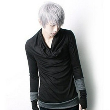 【巴黎精品】現貨+預購 T恤長袖上衣-潮男抓皺拼色修身男裝a1an79