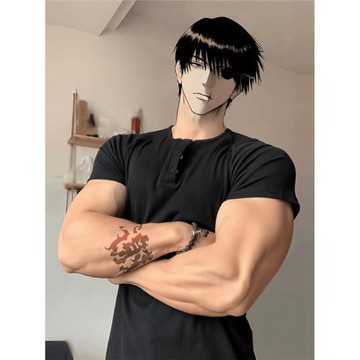 花灰色亨利衫短袖男夏季修身美式重磅顯肌肉t恤健身彈力螺紋半袖