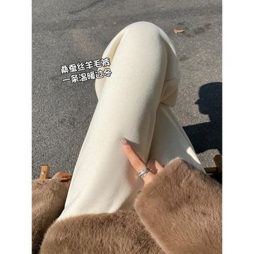加絨米白色桑蠶絲闊腿褲女秋冬2025新款高級感糯米褲直筒休閑褲子