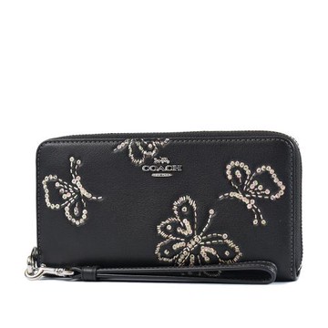 COACH 繡線蝴蝶滑面皮革手掛式拉鍊長夾-黑色