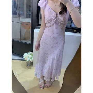 (免運)鄭在在法式絕美V領碎花連衣裙女2025夏季氣質收腰長裙茶歇裙度假
