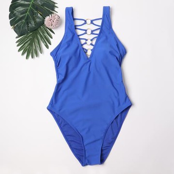 外單時尚藍色純色女士連體泳衣性感V領游泳衣時尚性感露背泳裝夏