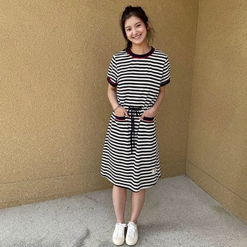 花木馬日系女裝圓領條紋綁帶休閒洋裝