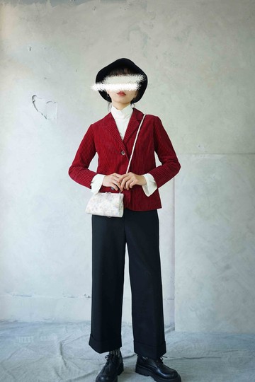 尋寶古著-復古紅色粗燈芯絨修身西裝外套