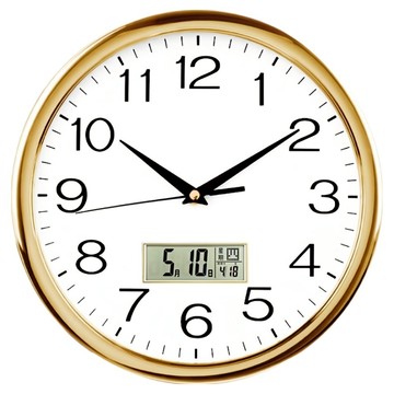 極簡約LCD顯示靜音掛鐘 30cm PS環保材質 日期/星期/農曆/溫度  金色