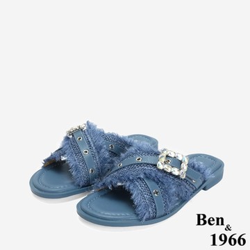 Ben&1966夏日度假風草編交叉亮鑽平底拖鞋-藍(246641)
