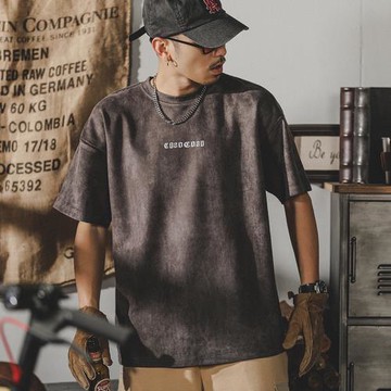 杰雷諾美式復古麂皮絨短袖t恤男士潮牌涼感寬松圓領半截袖體恤衫