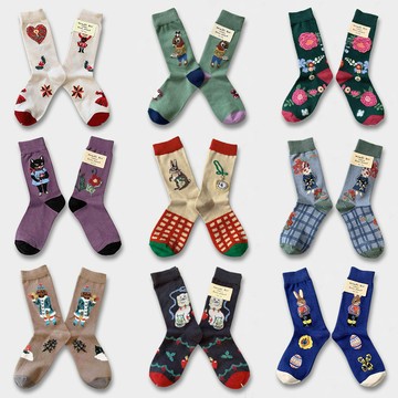 socksappeal森林童話復古卡通AB版不對稱中筒棉個性小眾女潮襪子