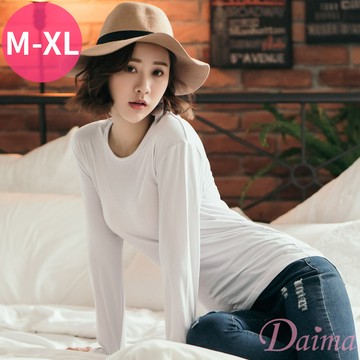 女生 (M-XL)圓領素面蓄熱磨毛彈性保暖上衣T恤 (長袖)_白色#6139