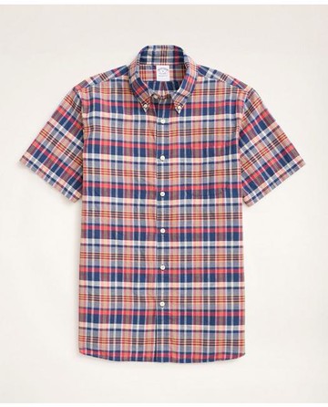 Brooks Brothers Men's Regent Regular-Fit Sport Shirt, Short-Sleeve Madras | Navy/Red | Size XS
