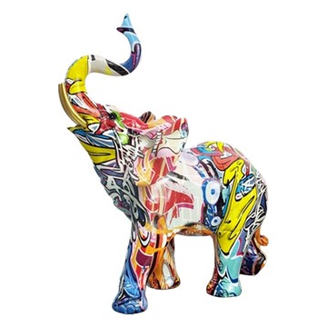 SC優選 塗鴉炫彩大象擺件創意樹脂工藝品 15 x 7 x 18.5cm  格紋小象 多色