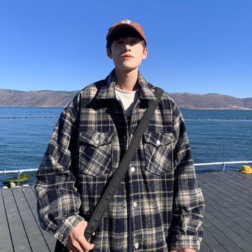 美式復古格子外套男士春秋翻領夾克潮牌痞帥炸街小香風上衣服男款