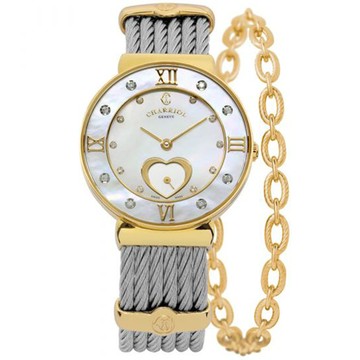 CHARRIOL 夏利豪ST-TROPEZ 經典鋼鎖珍珠貝母愛心黃K鍊腕錶(ST30YD 560 057)x30mm