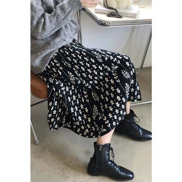 針織黑色碎花百褶坑條松緊高腰顯瘦a字傘裙中長款半身裙子女秋冬