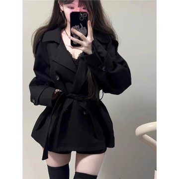 法式小個子短款黑色風衣女春秋2025新款韓系收腰雙排扣高級感外套