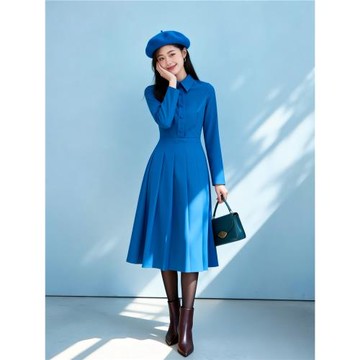 氧氣淑女丨藍色襯衫連衣裙2789法式別致長短袖設計感復古氣質裙子
