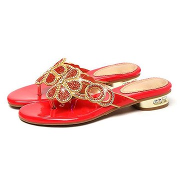 【Sp house】清雅花卉閃耀水鑽露趾低跟拖鞋(4色可選)