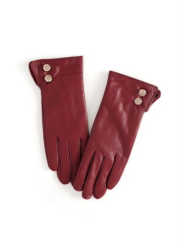 時髦釘釦100%羊皮保暖手套-紅