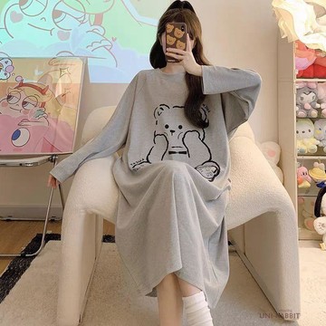 寬鬆版睡裙女秋冬長袖德絨加大碼胖mm300斤圓領套頭加肥卡通睡衣休閒睡裙居家服睡裙睡衣女生睡裙可愛睡裙