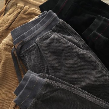 阿美咔嘰條絨小腳九分褲男秋冬保暖潮加厚彈力抽繩燈芯絨束腳褲男