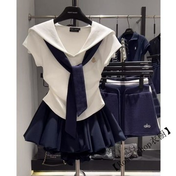 【臺灣出貨】🍋學院風海軍領收腰T恤蓬蓬裙兩件套女 夏季減齡JK制服套裝 韓系套裝 套裝女 時尚套裝 ootd jk套裝