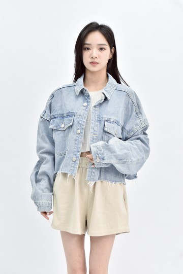 (2XL) mercci 藍色棉質牛仔短版外套