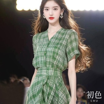 初色  V領單排釦格紋印花短袖連衣裙收腰連身洋裝長洋裝-綠色-34678(M-2XL可選)