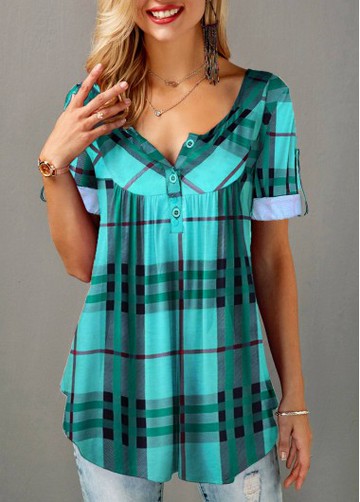 Plaid Print Short Sleeve Split Neck Blouse