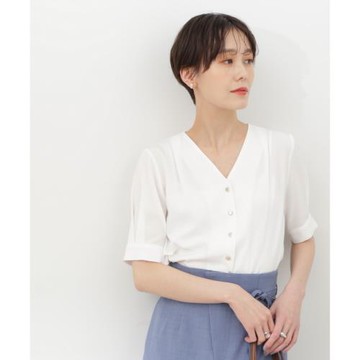 千金線N家 夏季的氣質LOOK!  通勤五分袖肩部捏褶時尚百搭V領襯衫