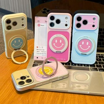 💛撞色微笑表情旋轉支架適用蘋果17promax手機殼簡約iPhone16/15大視窗手机壳