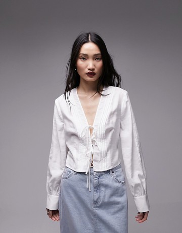 Topshop pintuck tie up top in cream-White