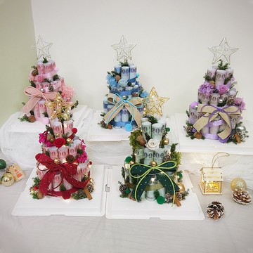 星星聖誕鈔票三層蛋糕/有錢花蛋糕/永生花/聖誕節/鈔票蛋糕