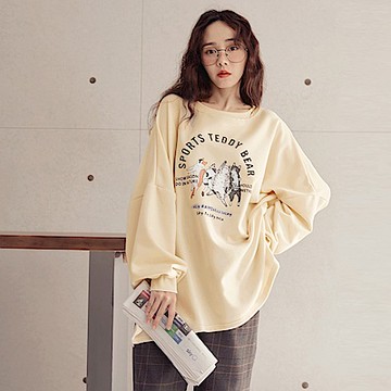 OB嚴選-跳舞貓咪印花側口袋開衩落肩長版大學T