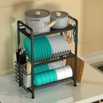 不銹鋼廚房碗碟瀝水架黑色多層多功能臺面調料收納架創意廚房用品