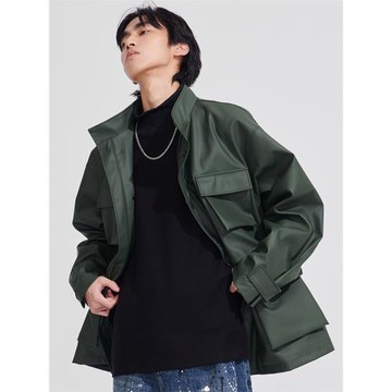 Nought Group秋冬墨綠色多口袋可收腰男女質感防風PU皮衣夾克風衣
