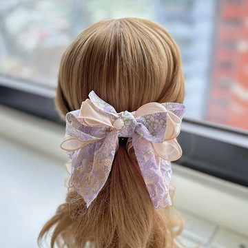 獨家蕾絲蝴蝶結相交夾香蕉夾仙女夾髮夾-紫色花園裡的兔兔