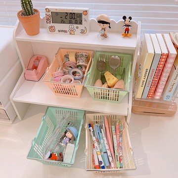 ins可愛馬卡龍鏤空桌面收納籃 塑料手提籃手賬膠帶餐具疊加收納筐