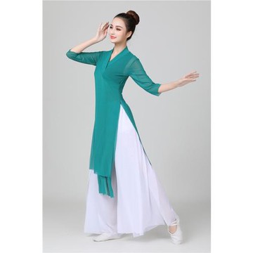 古典舞現代蹈彈力紗衣練功女身韻漢服飄逸修身長款中國風瑜伽套裝