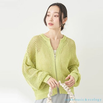earth music  鏤空網格設計拉鍊圓領罩衫