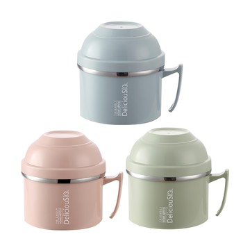 雙層304不鏽鋼保溫泡麵碗 3入 蓋子可當碗 底部採凹凸設計 螺旋卡扣  粉+綠+藍  1200ml  1組