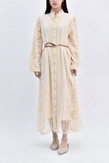 (L) bella studio蕾絲排扣長袖黃色綁帶洋裝