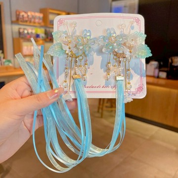 love, charlotte - 仙氣粉嫩花朵雪紡長飄帶吊墜髮飾對夾-淺藍色