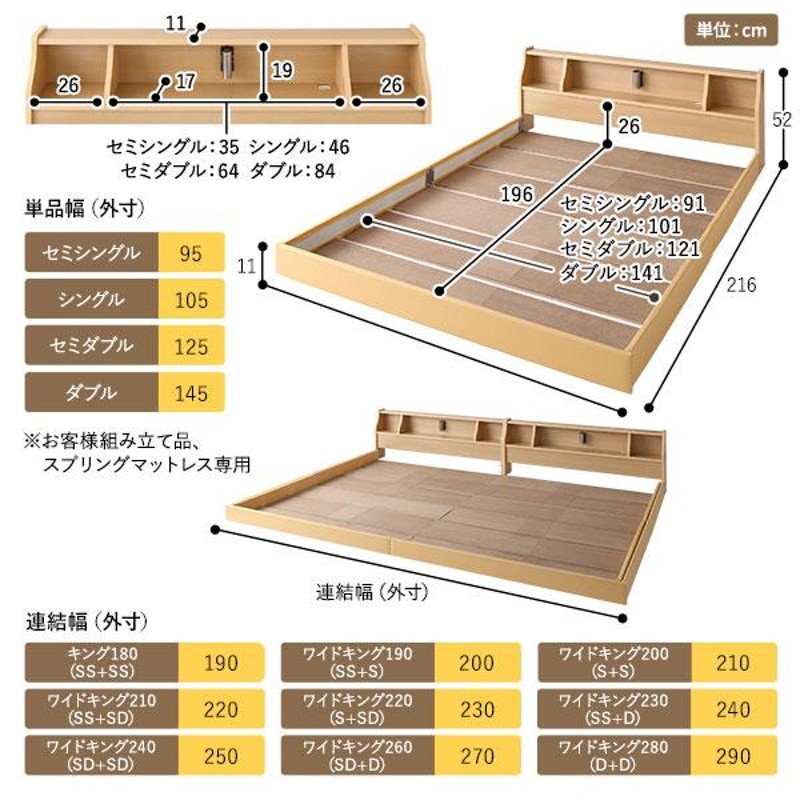 ベッド 日本製 低床 連結 ロータイプ 照明 棚付き コンセント シンプル