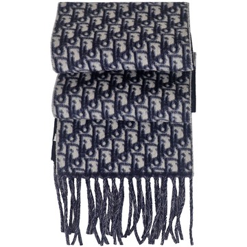 Dior 迪奧 Oblique 藍喀什米爾羊毛圍巾-窄版