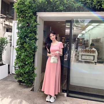 純色修身短袖t恤連衣裙子女夏季2025新款小個子氣質收腰顯瘦長裙