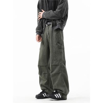 軍綠色褶皺傘兵褲男冬季美式高街水洗工裝褲復古寬松伐木休閑褲子