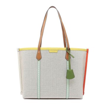 【TORY BURCH】撞色帆布拼接皮革托特包-淺米黃邊