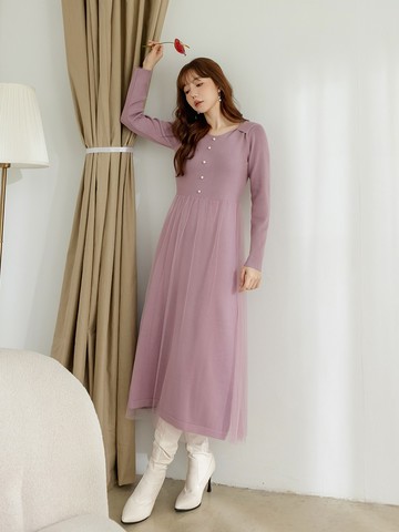 氣質針織珍珠飾釦網紗洋裝