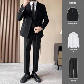 黑色西服外套男生春秋季商務高級感墊肩帥氣雙排扣英倫西裝套裝男