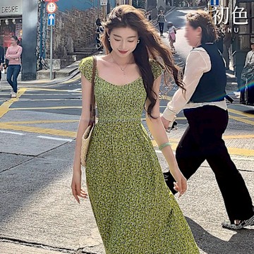 初色 法式氣質森系碎花收腰顯瘦低領短袖連衣裙連身洋裝長洋裝-綠色-11238(M-XL可選)